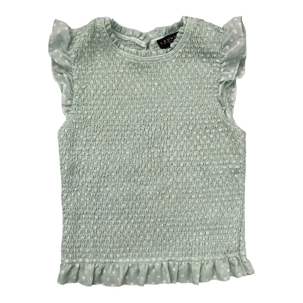 Laundry by Shelli Segal mint seafoam green smocked polka dot blouse with ruffles - Picture 2 of 8
